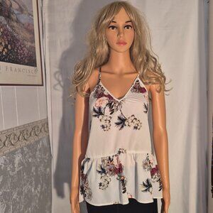 Stylish sleeveless top w/ Ruffled hem, white with Floral design, size Medium